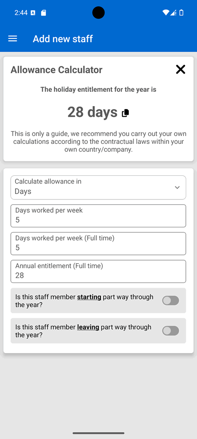 Allowance calculator in WhosOff apps