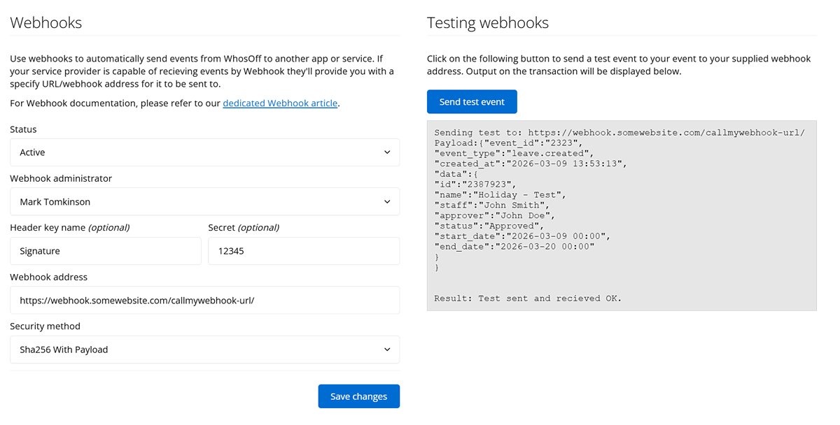New Webhook service settings in WhosOff