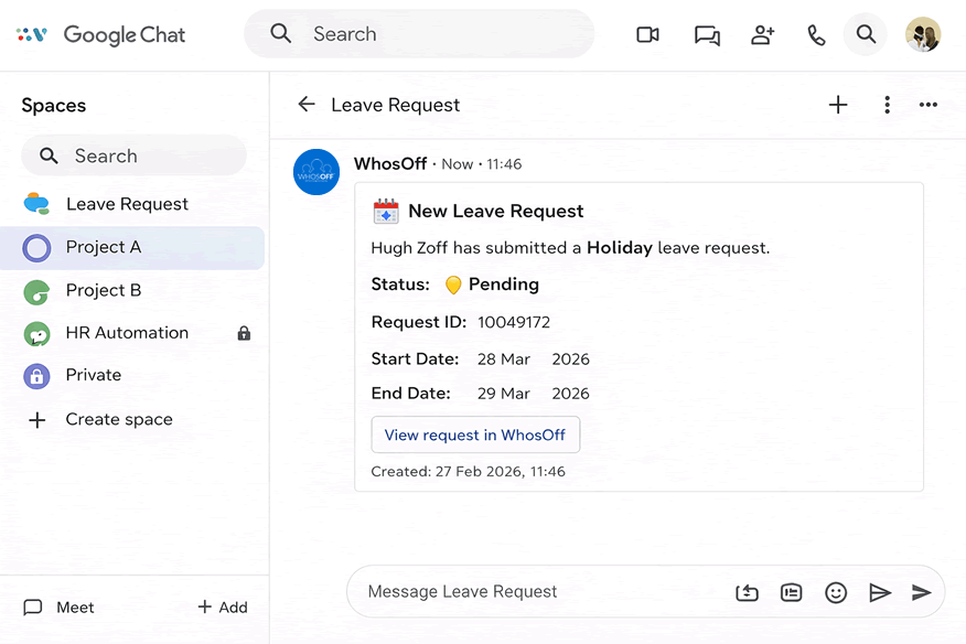 Screenshot: WhosOff Webhook Card in Google Chat Space