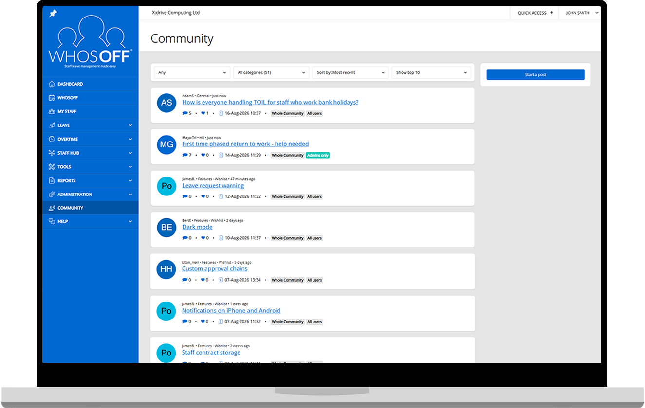 Screenshot showing Community post listings in WhosOff