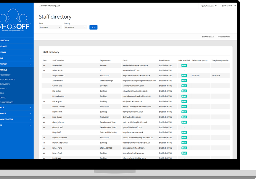 Screenshot of staff directory within WhosOff Staff Hub