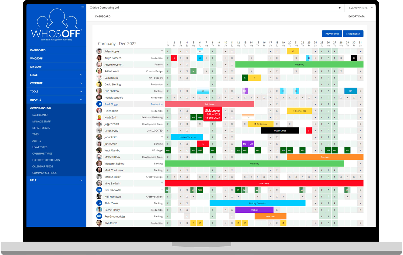 WhosOff monthly overview screenshot