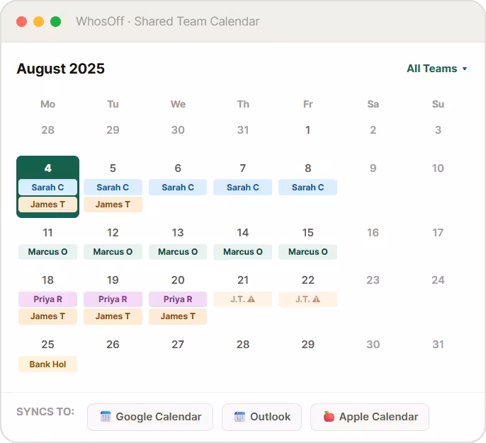 Modern team staff holiday planner from WhosOff