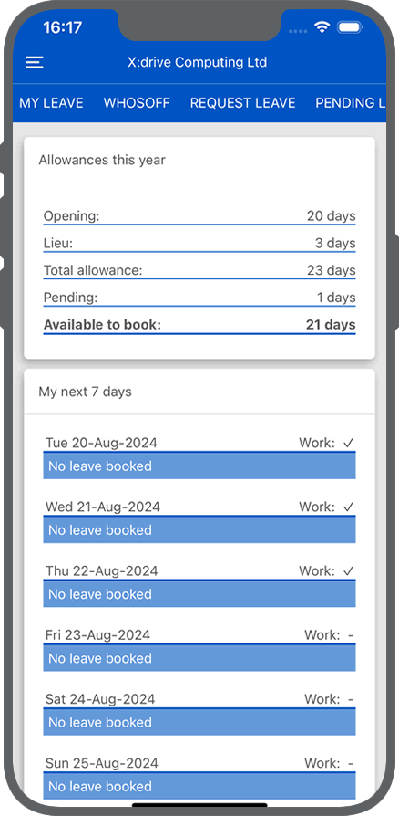 Sample WhosOff dashboard on iOS