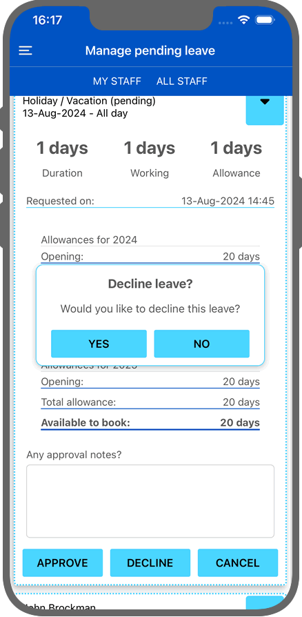 Quickly approve pending leave requests on WhosOff iOS app