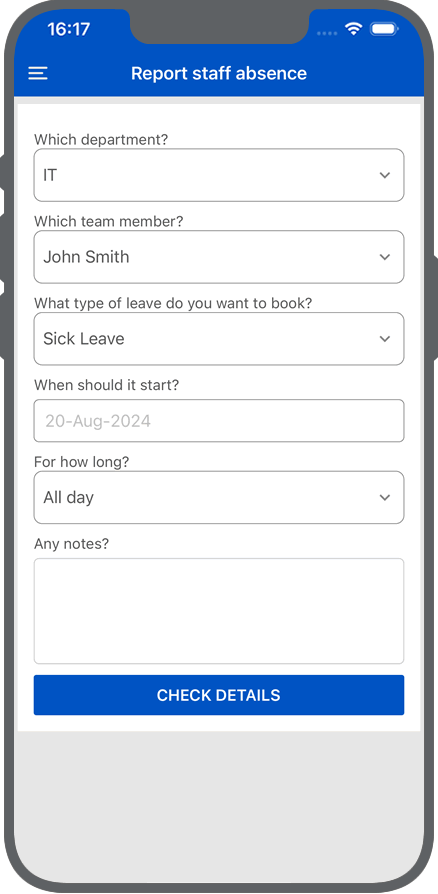 Allow staff to report absences on WhosOff through the mobile apps