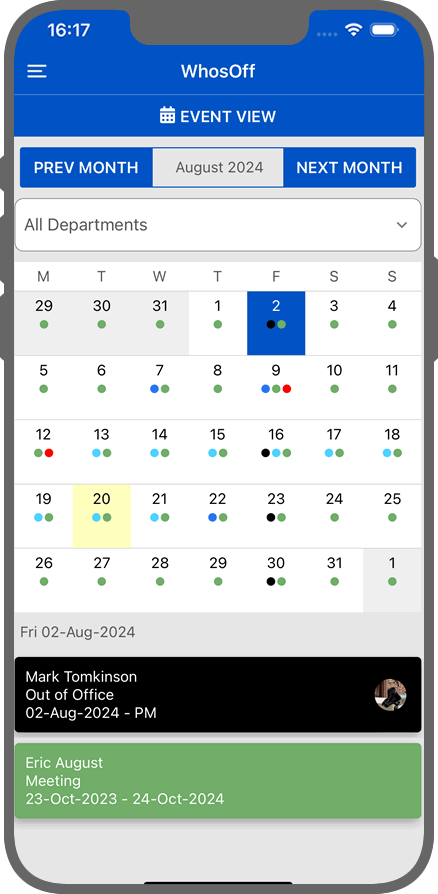 Sample WhosOff page on iOS