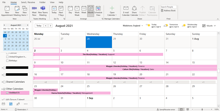 Screenshot: Microsoft Outlook showing subscribed Calendar Feed from WhosOff