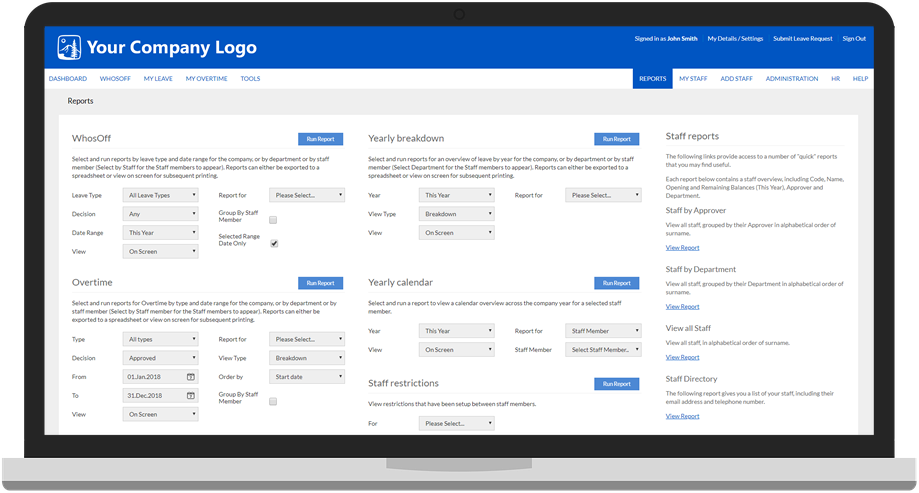 A wide range of reports available in WhosOff